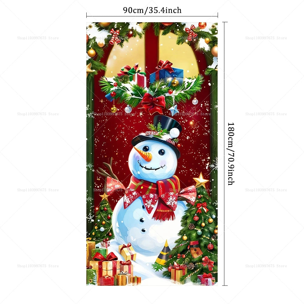 Christmas Decorations Door Cover Banner Cute Snowman Bear Gift Backdrop Xmas Party Indoor Outdoor Background Decor Supplies