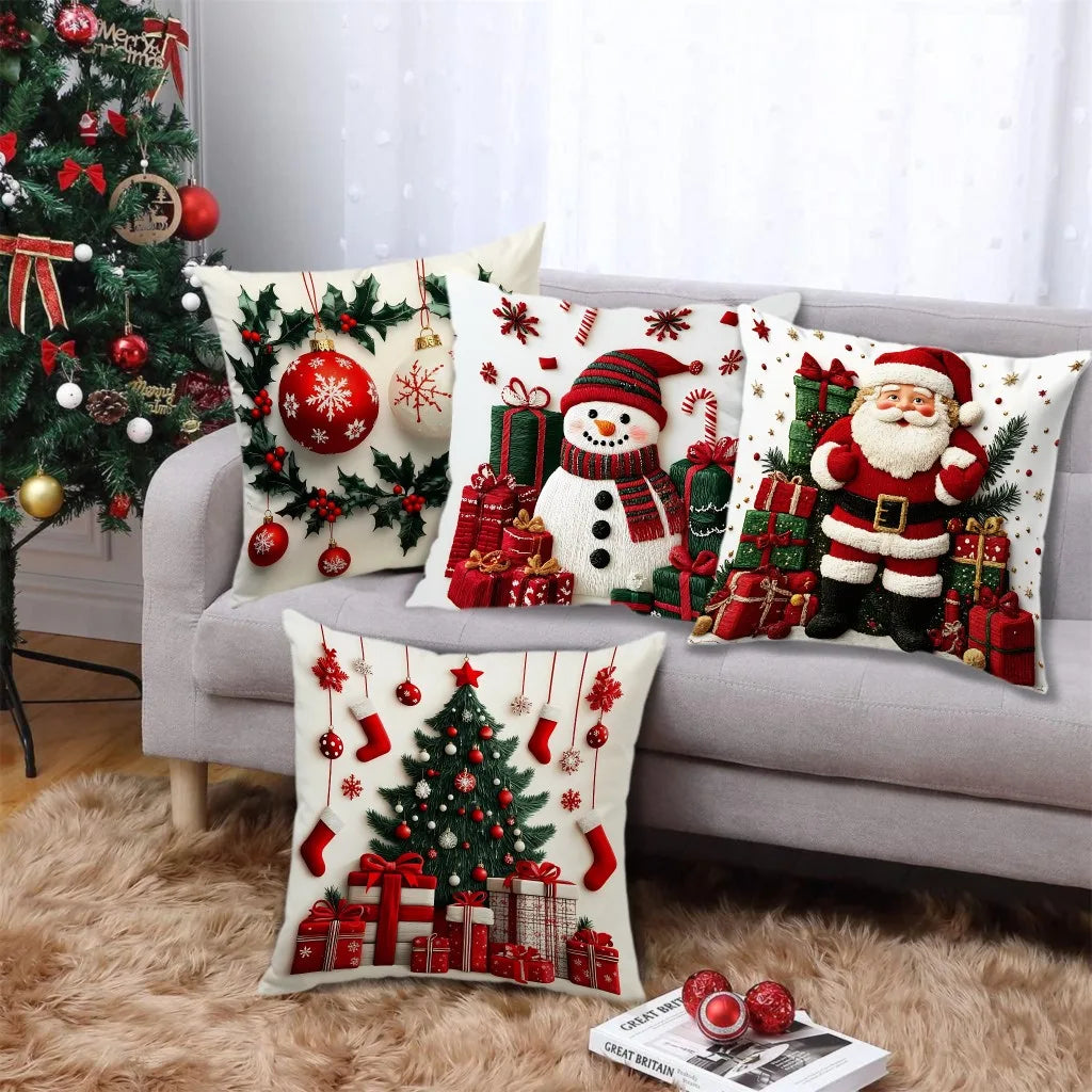 45x45cm Linen Plush Cartoon Snowman Print Throw Pillowcase Santa Cluas Xmas Merry Christmas Decor 2025 Happy New Year 2026