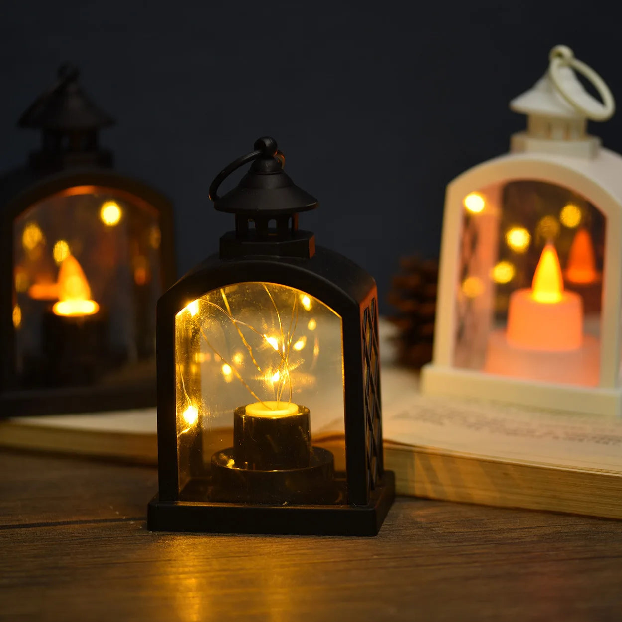 European Christmas Decor Set: Christmas Tree Ornament + Window Wreath + Arch Mini Lantern Candle Lamp for Holiday Arrangement