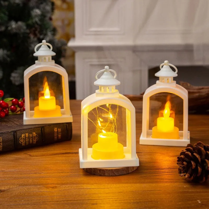 European Christmas Decor Set: Christmas Tree Ornament + Window Wreath + Arch Mini Lantern Candle Lamp for Holiday Arrangement