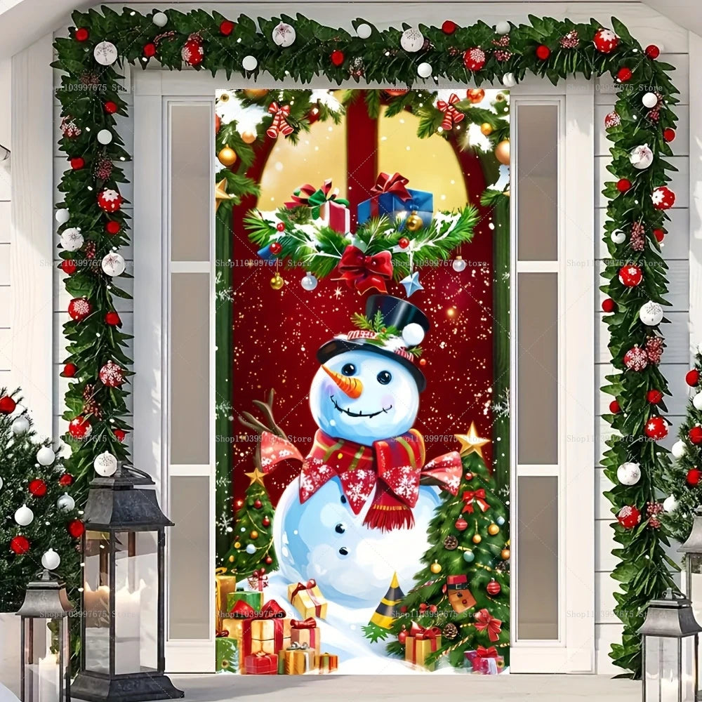 Christmas Decorations Door Cover Banner Cute Snowman Bear Gift Backdrop Xmas Party Indoor Outdoor Background Decor Supplies