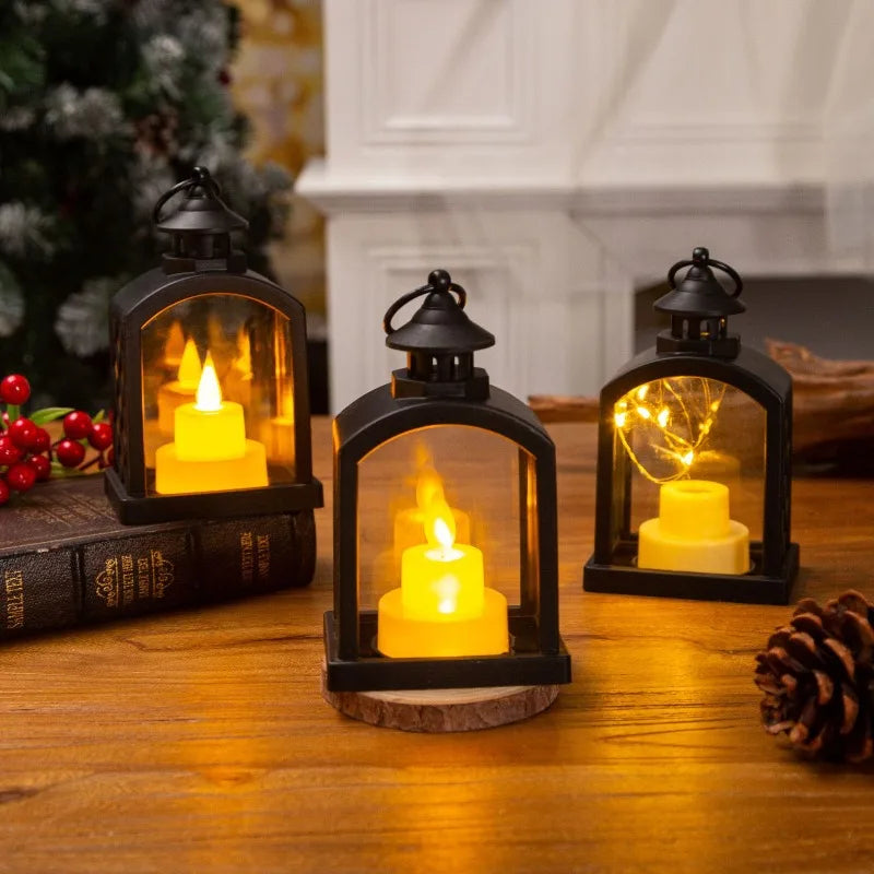 European Christmas Decor Set: Christmas Tree Ornament + Window Wreath + Arch Mini Lantern Candle Lamp for Holiday Arrangement