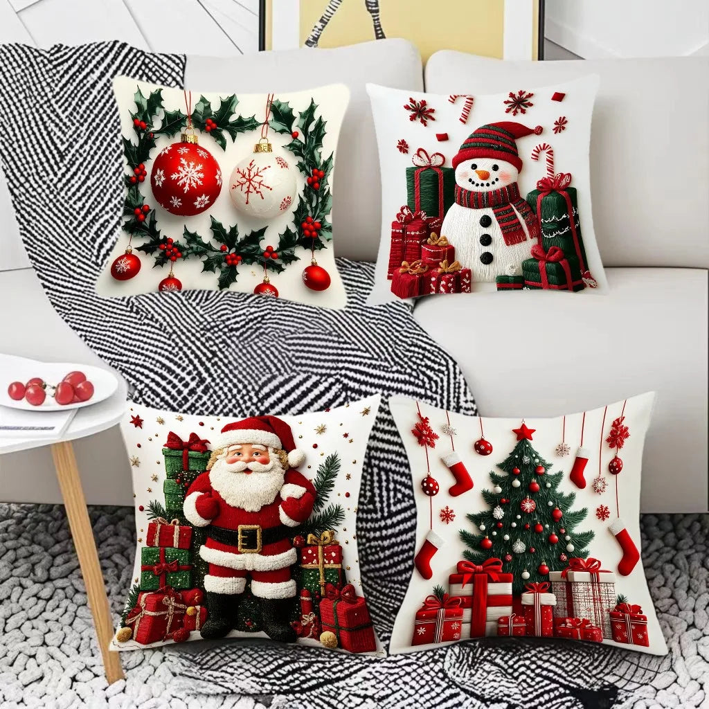 45x45cm Linen Plush Cartoon Snowman Print Throw Pillowcase Santa Cluas Xmas Merry Christmas Decor 2025 Happy New Year 2026