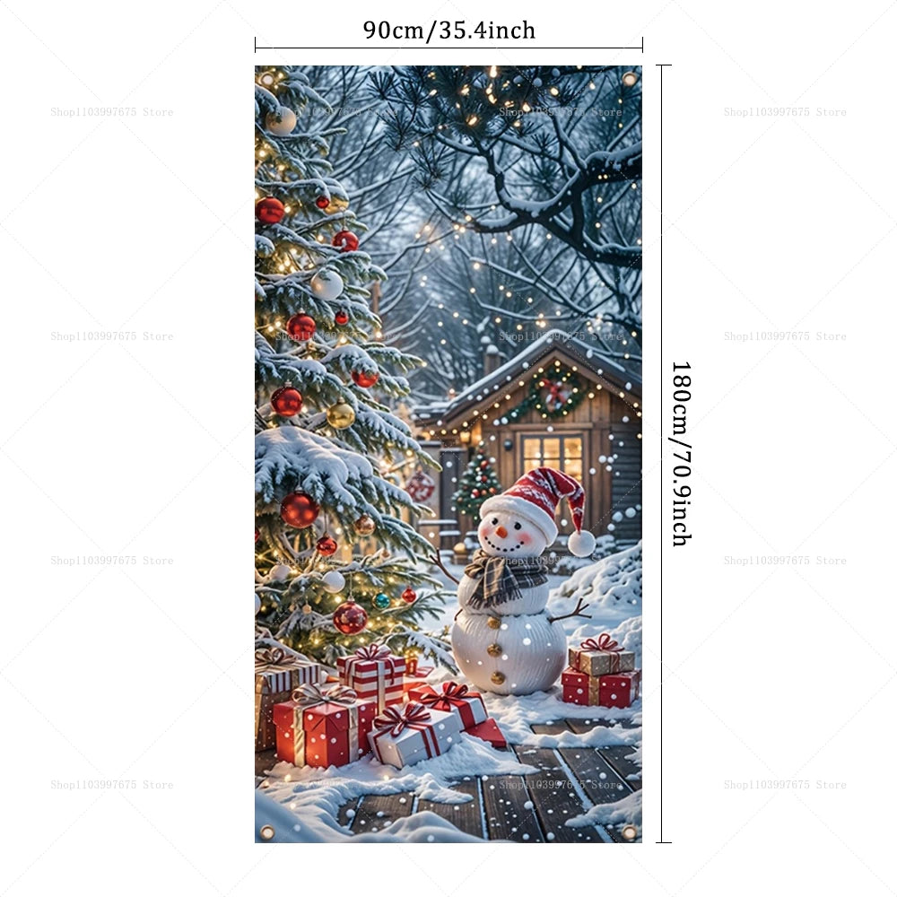 Christmas Decorations Door Cover Banner Cute Snowman Bear Gift Backdrop Xmas Party Indoor Outdoor Background Decor Supplies