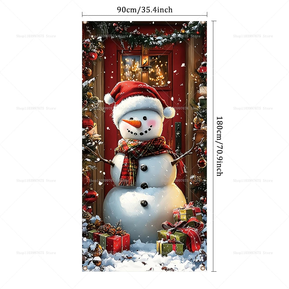 Christmas Decorations Door Cover Banner Cute Snowman Bear Gift Backdrop Xmas Party Indoor Outdoor Background Decor Supplies