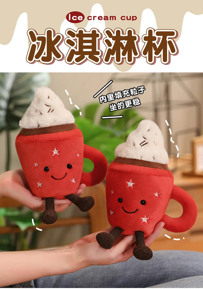 20cm Cute Ice Cream Plush Toy Red Milk Tea Cup Stuffed Doll Cartoon Ice Cream Cup Plushie Girl Room Decoration Ornament Gifts