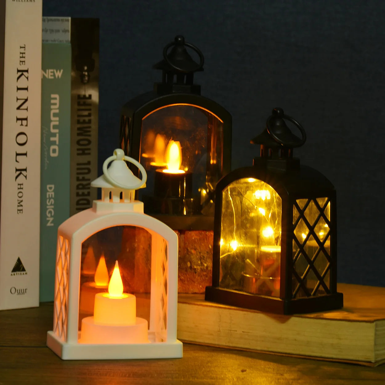 European Christmas Decor Set: Christmas Tree Ornament + Window Wreath + Arch Mini Lantern Candle Lamp for Holiday Arrangement